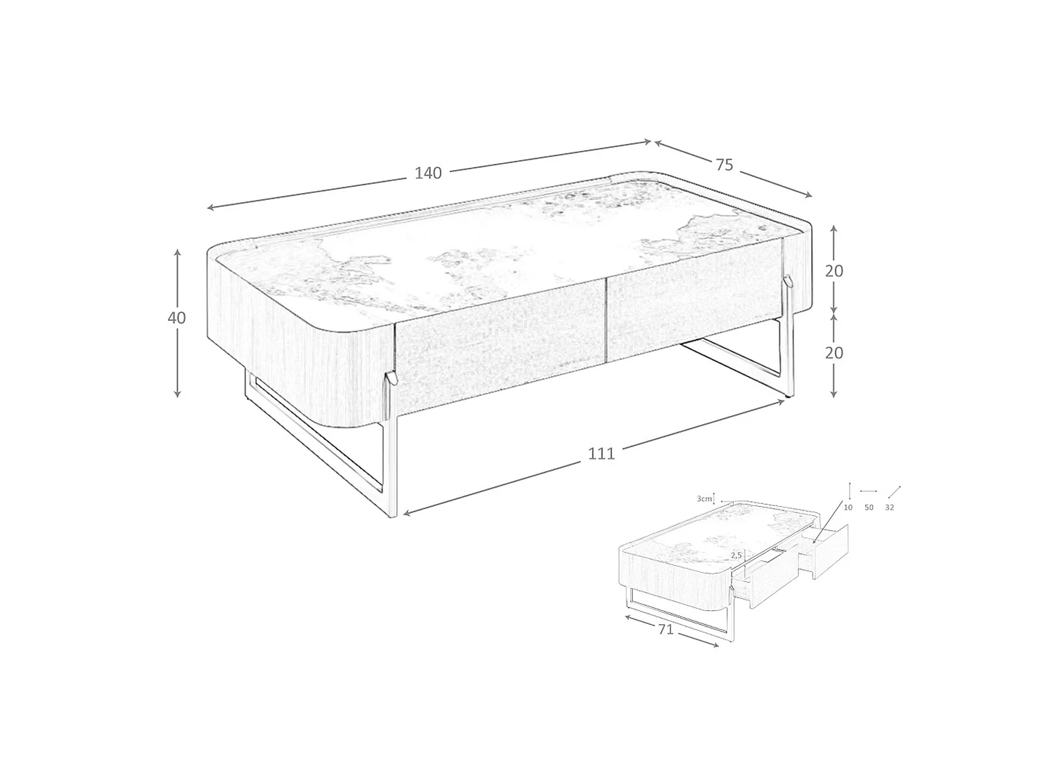 Rectangular coffee table in porcelain marble, walnut and dark metallic steel 2131 ANGEL CERDA