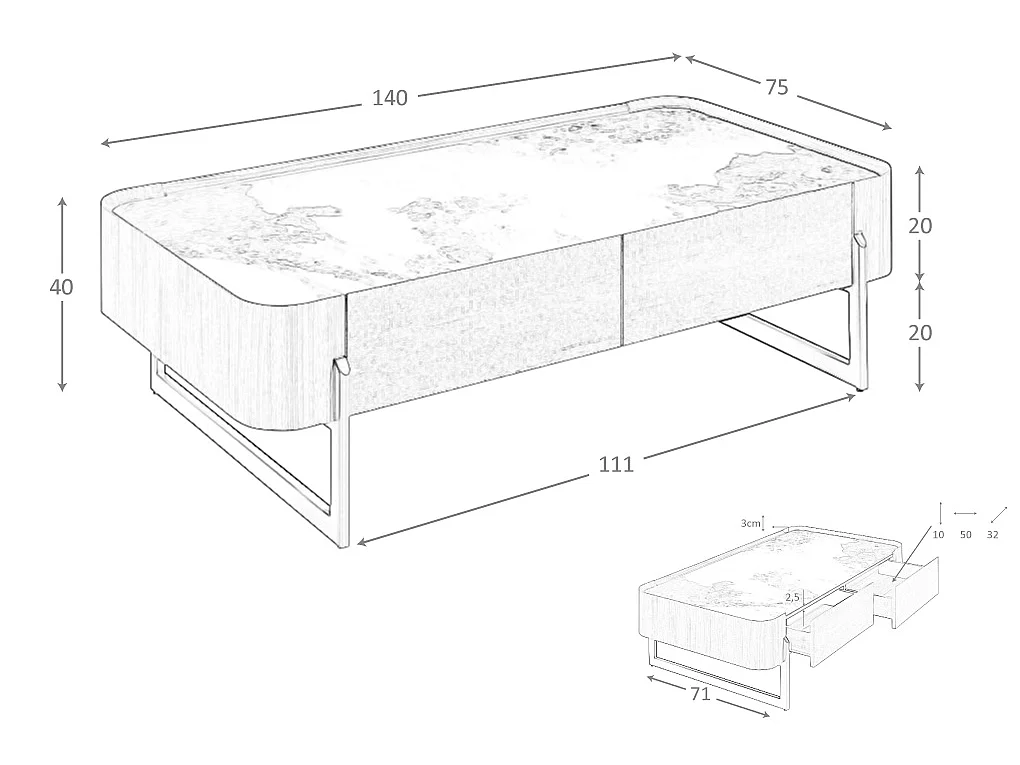 Rectangular coffee table in porcelain marble, walnut and dark metallic steel 2131 ANGEL CERDA