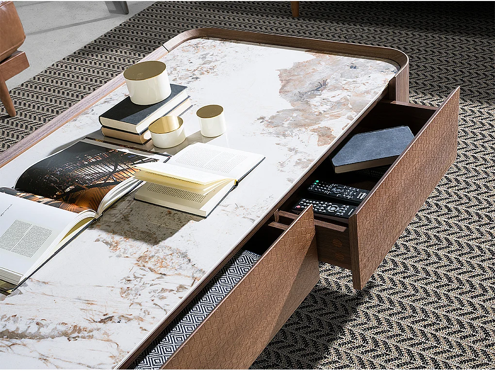 Rectangular coffee table in porcelain marble, walnut and dark metallic steel 2131 ANGEL CERDA