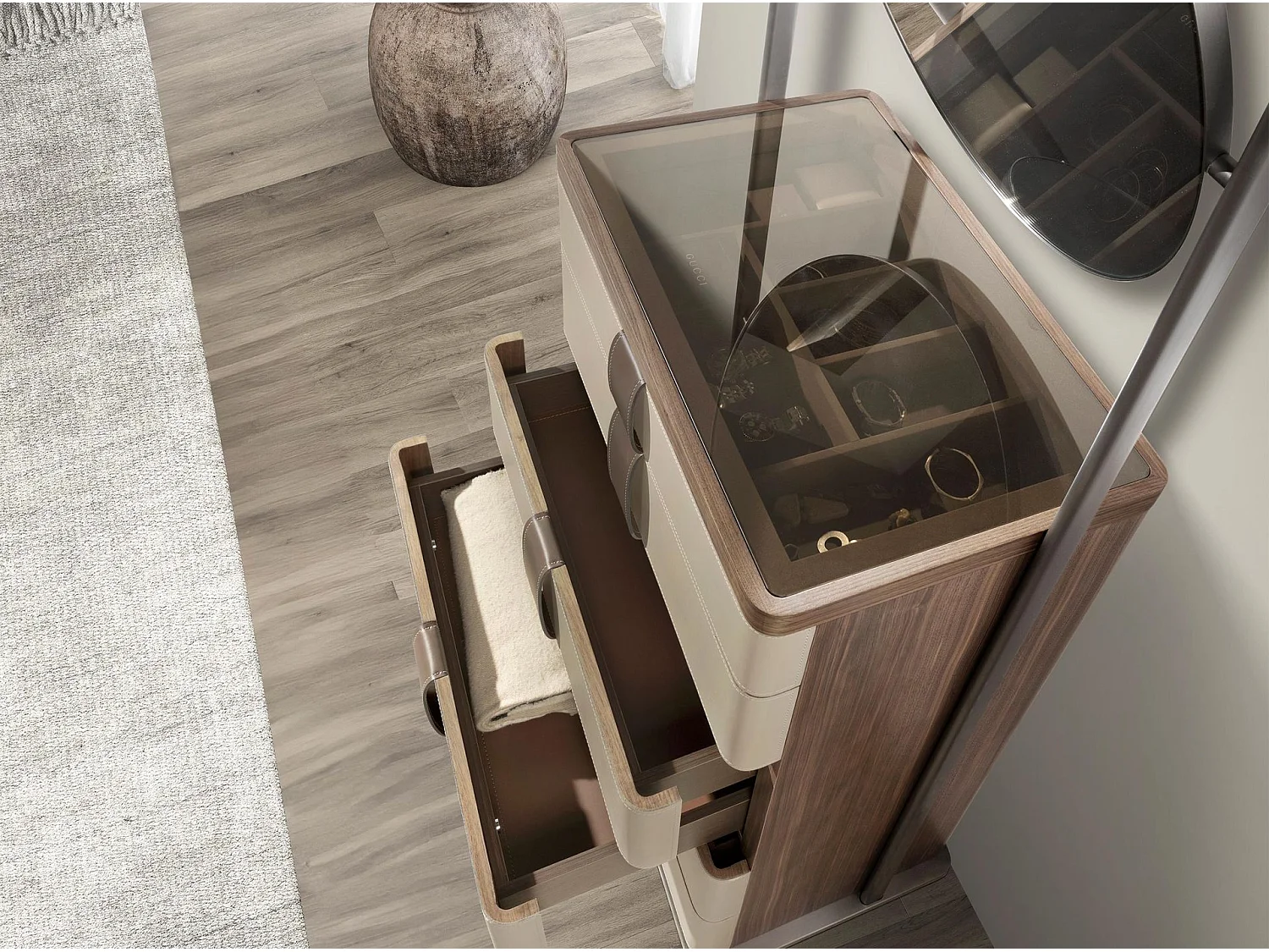 Donker stalen chiffonier notenhout en metallic met porselein marmeren blad 7153 ANGEL CERDA