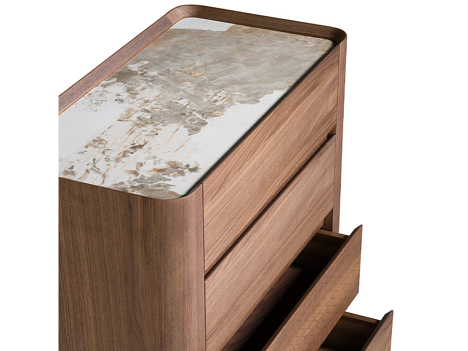 Donker stalen chiffonier notenhout en metallic met porselein marmeren blad 7153 ANGEL CERDA