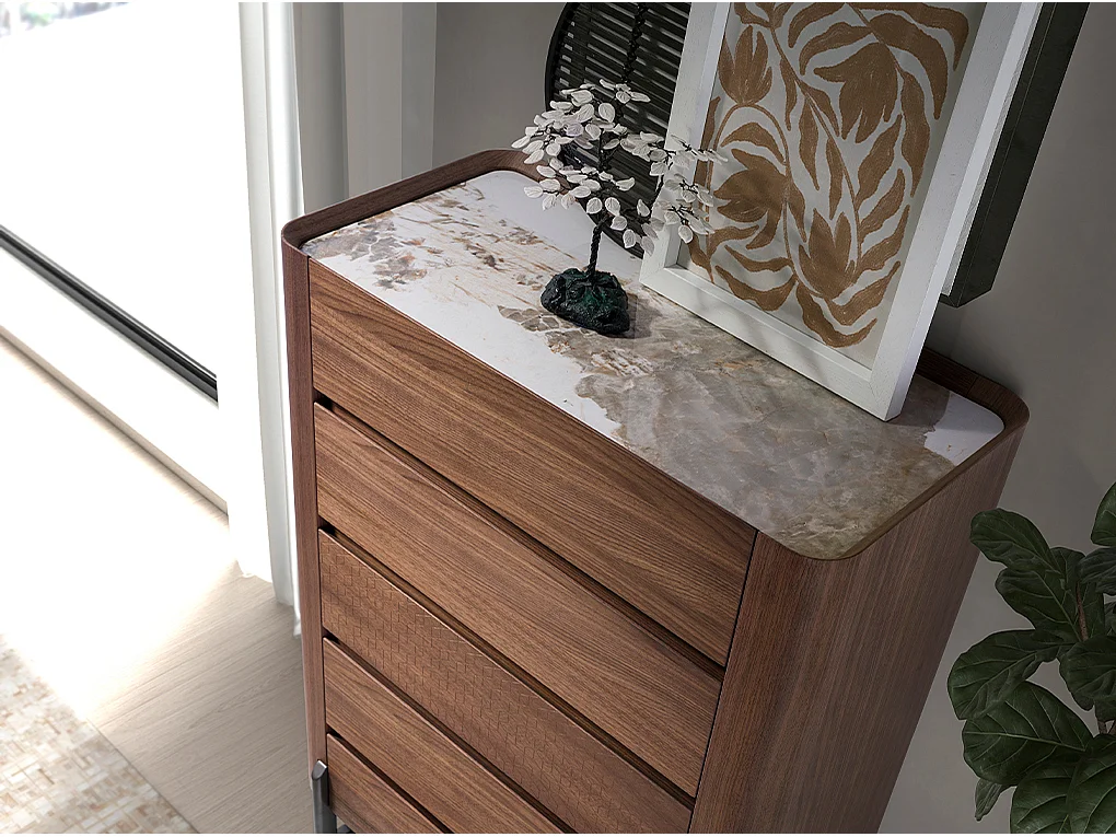 Chiffonnier en noyer et acier foncé métallisé avec plan en marbre de porcelaine 7153 ANGEL CERDA