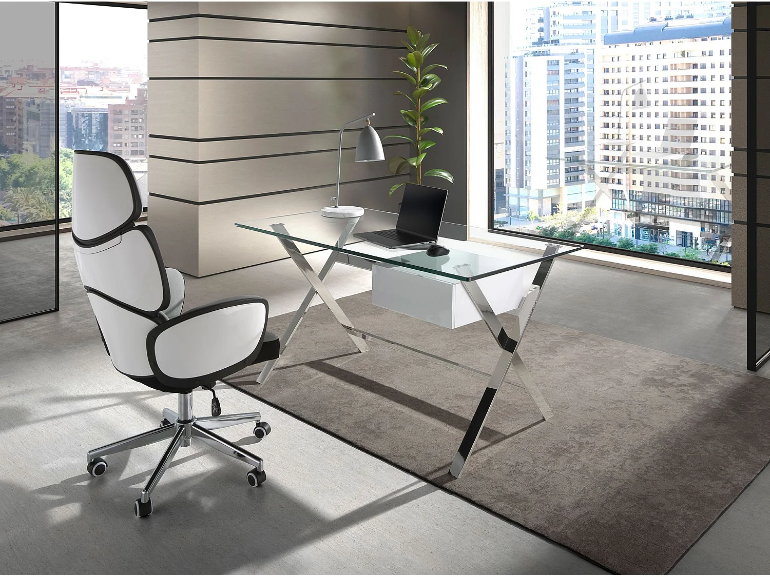 Fauteuil de bureau pivotant tissu gris clair et pvc blanc brillant 4142 ANGEL CERDA