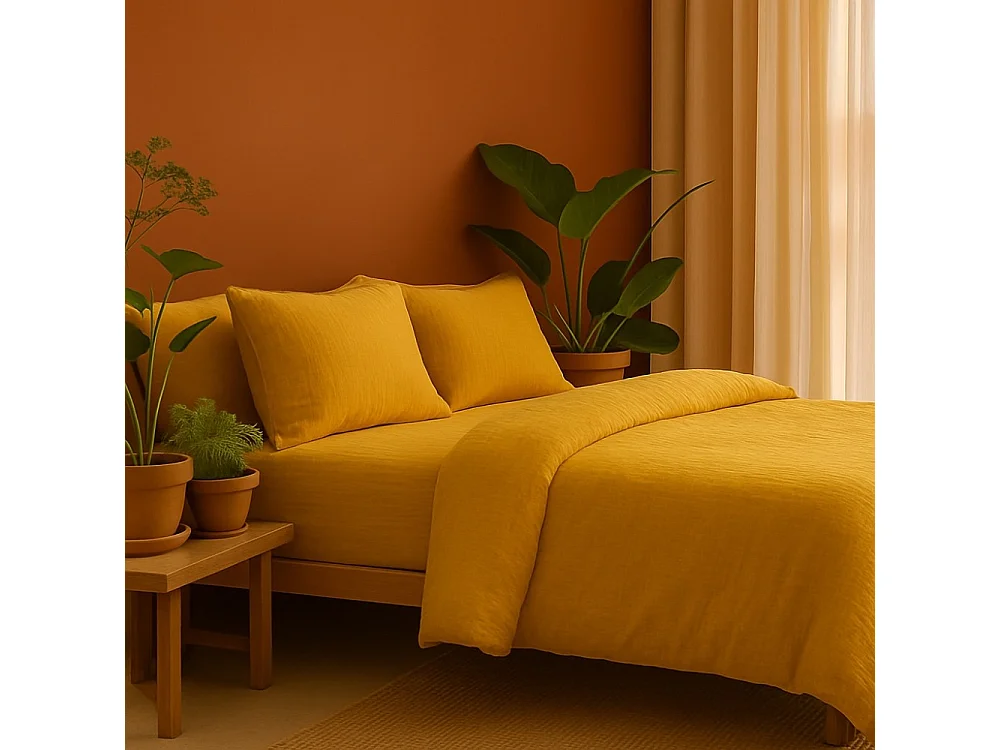 Komplet Pościeli z Bawełnianej Gazy w Kolorze Żółtym 240x260cm Reversible - Wygodny i Ciepły