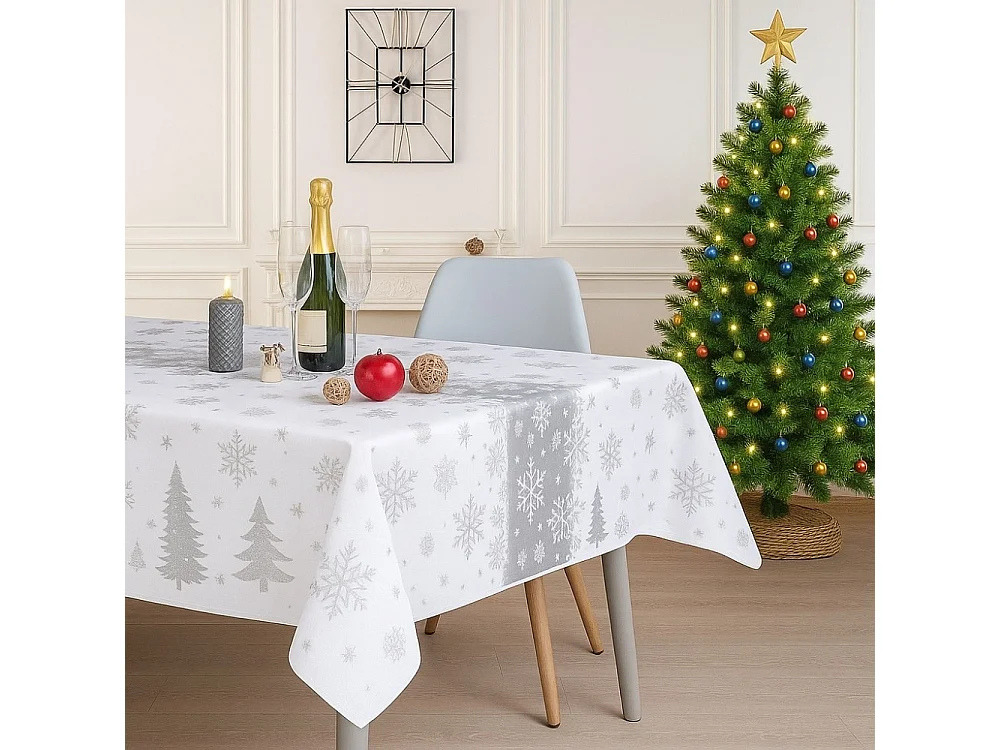 Nappe de Noël Argenté Rectangle ou Ronde - Neige De Noël