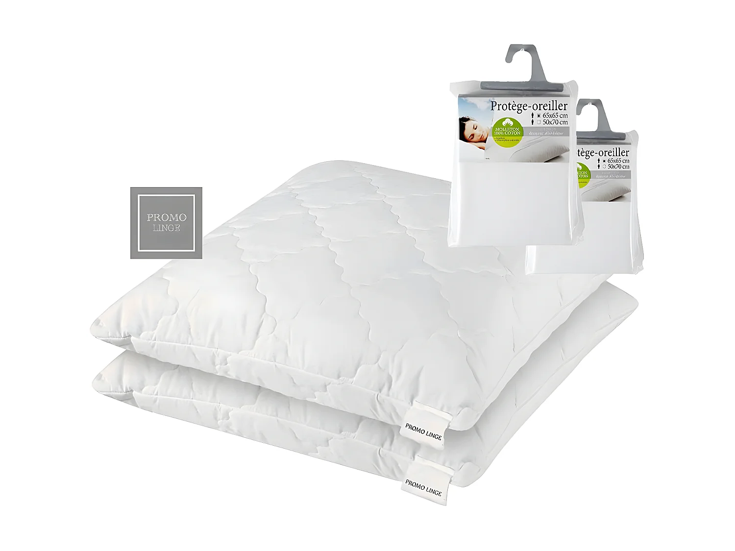 2 traagschuimkussens voor cervicale ondersteuning 65 x 65 cm + 2 kussenbeschermers