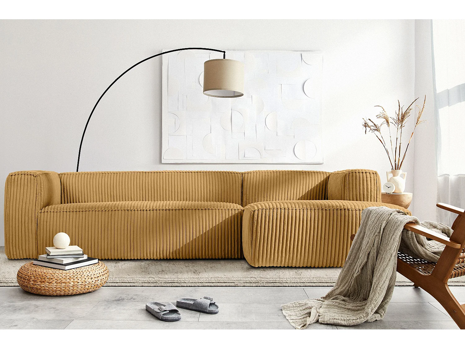 Canapé d'angle droit moderne en velours côtelé large - jaune - FEROX