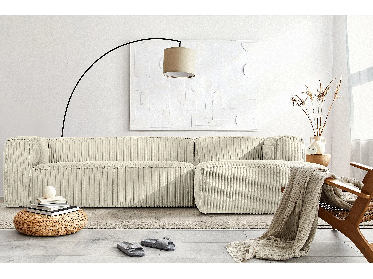 Modernes Ecksofa Rechts aus breitem Cordstoff - cremefarben - FEROX