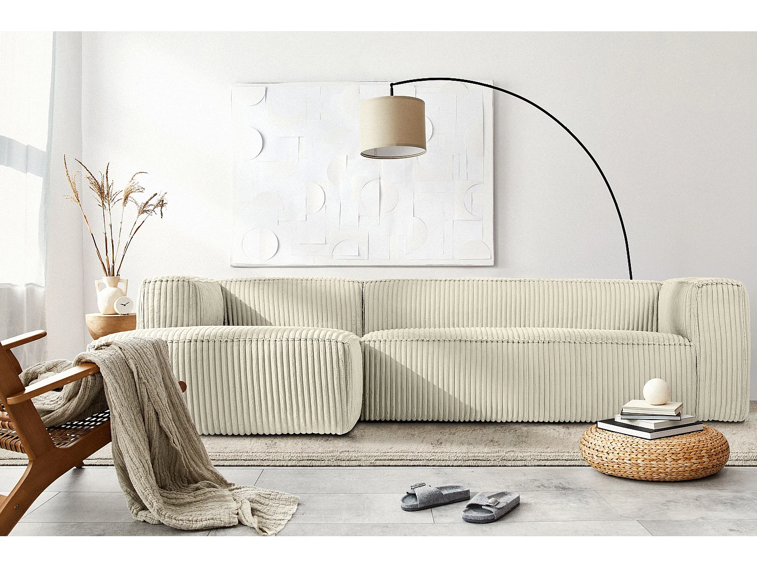 Modernes Ecksofa Links aus breitem Cordstoff - cremefarben - FEROX