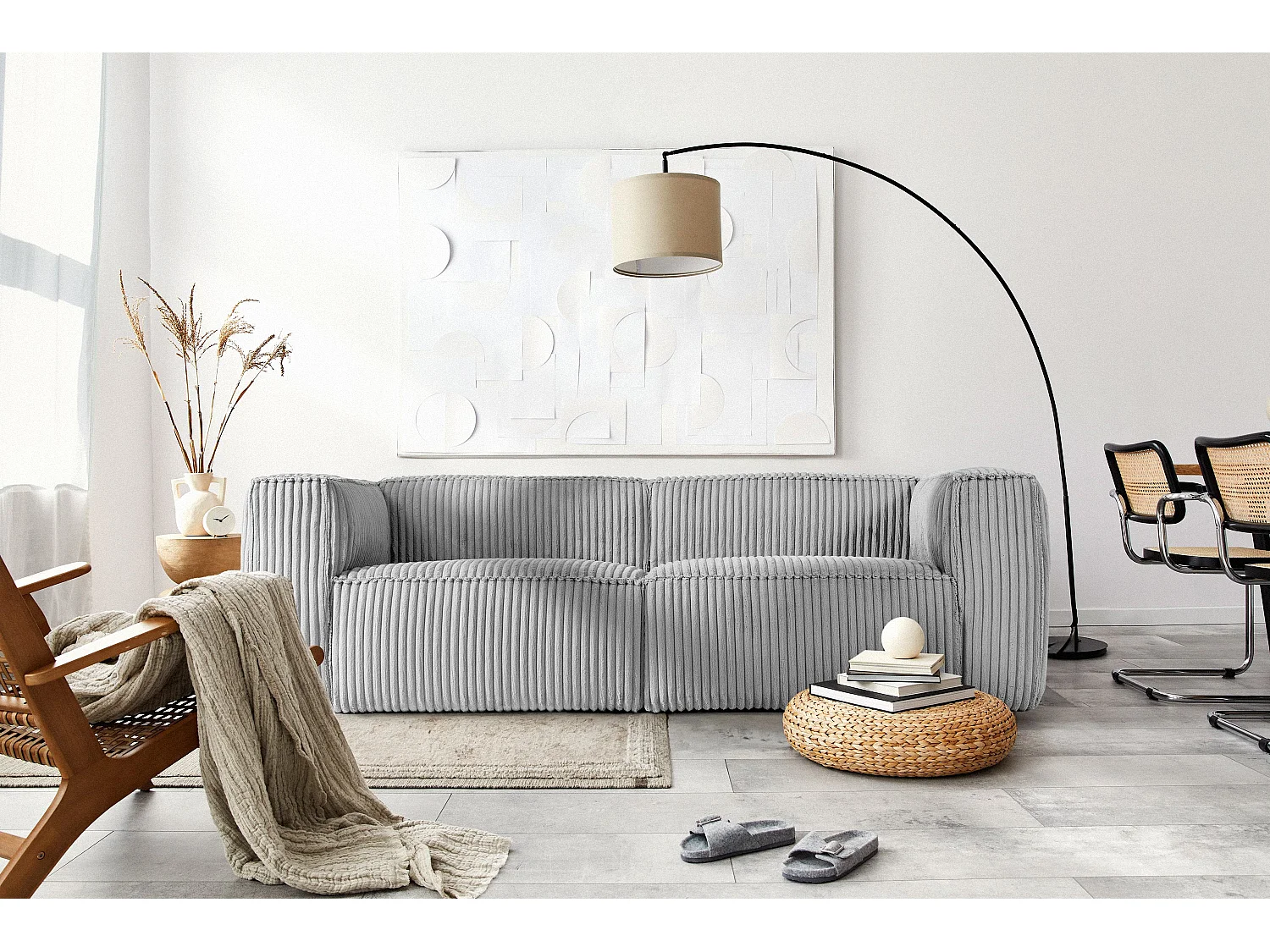 Canapé contemporain 3 places en velours côtelé large - gris clair - FEROX