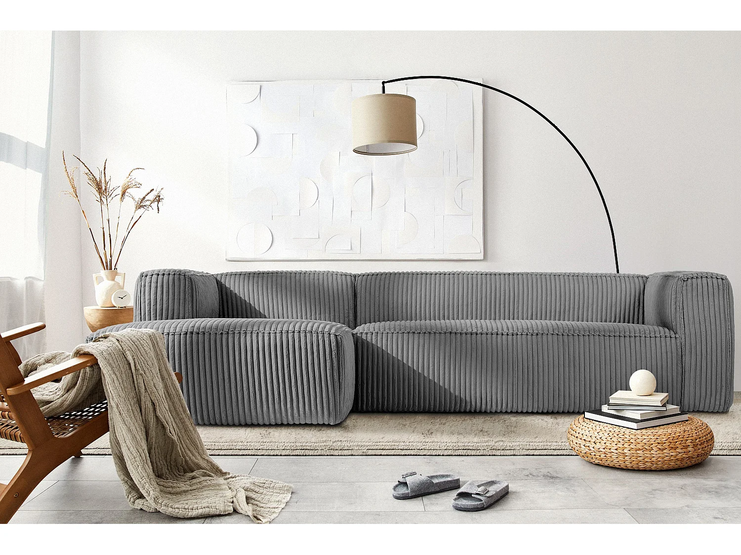 Modernes Ecksofa Links aus breitem Cordstoff - dunkelgrau - FEROX