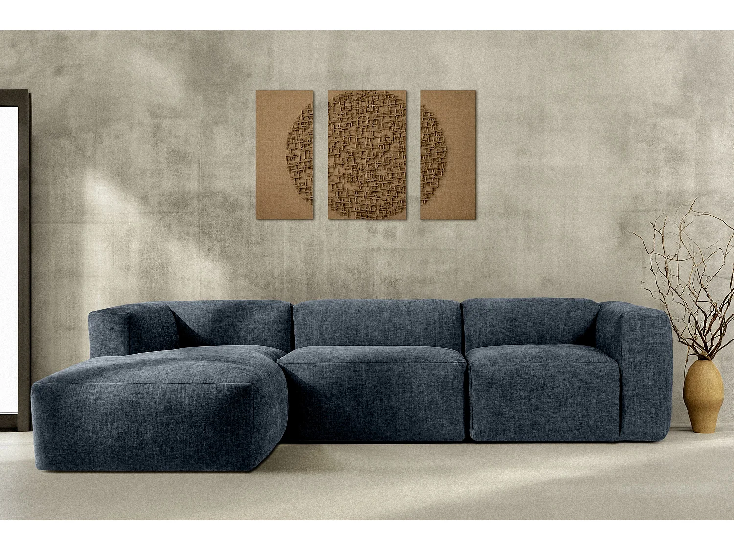 Canapé d'angle gauche avec assise extrêmement moelleuse et confortable - bleu foncé - BUFFO