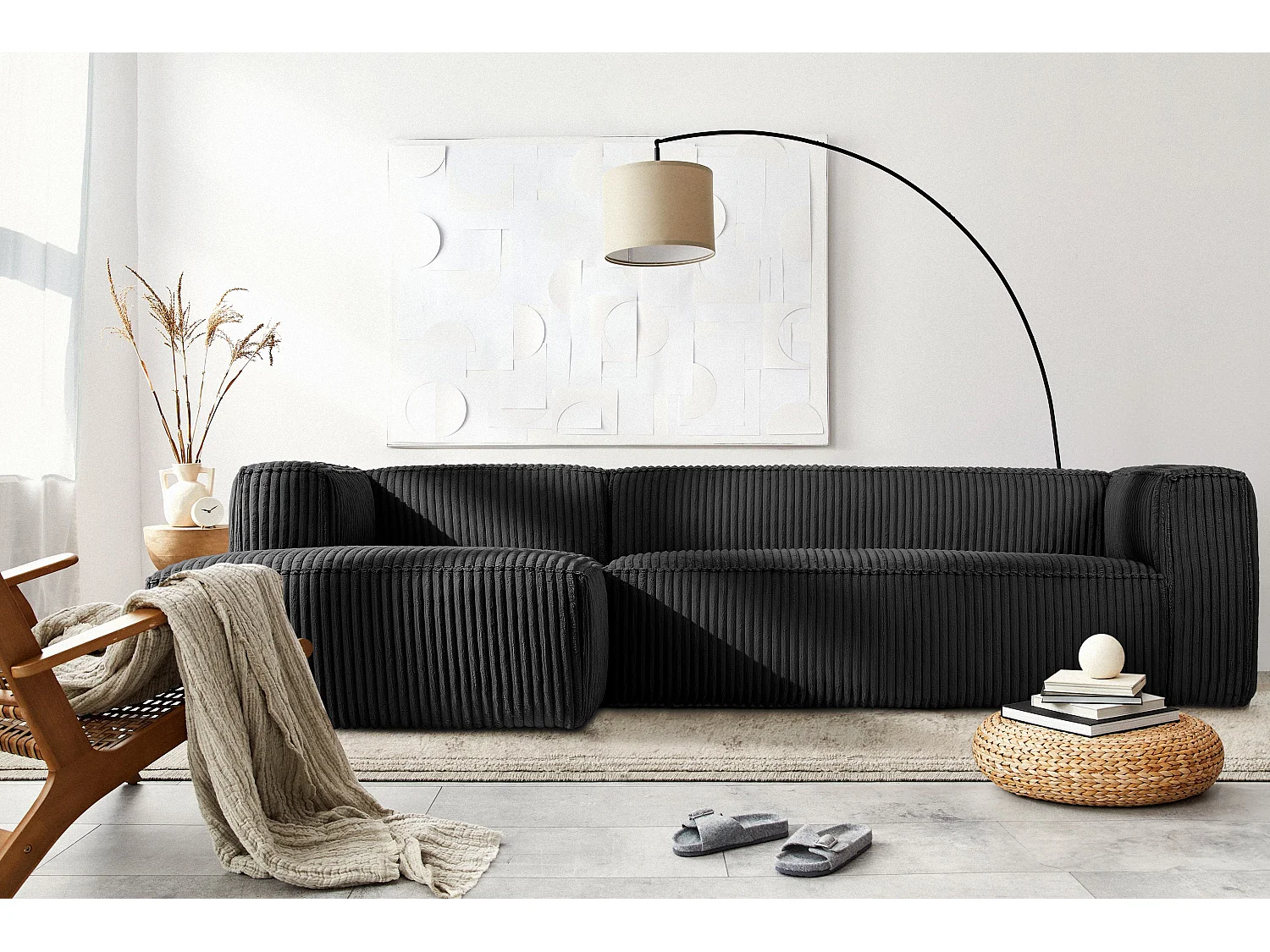 Modernes Ecksofa Links aus breitem Cordstoff - schwarz - FEROX