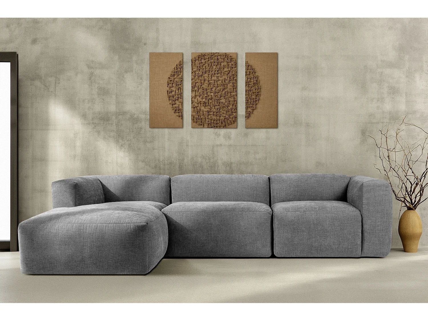 Canapé d'angle gauche avec assise extrêmement moelleuse et confortable - gris clair - BUFFO