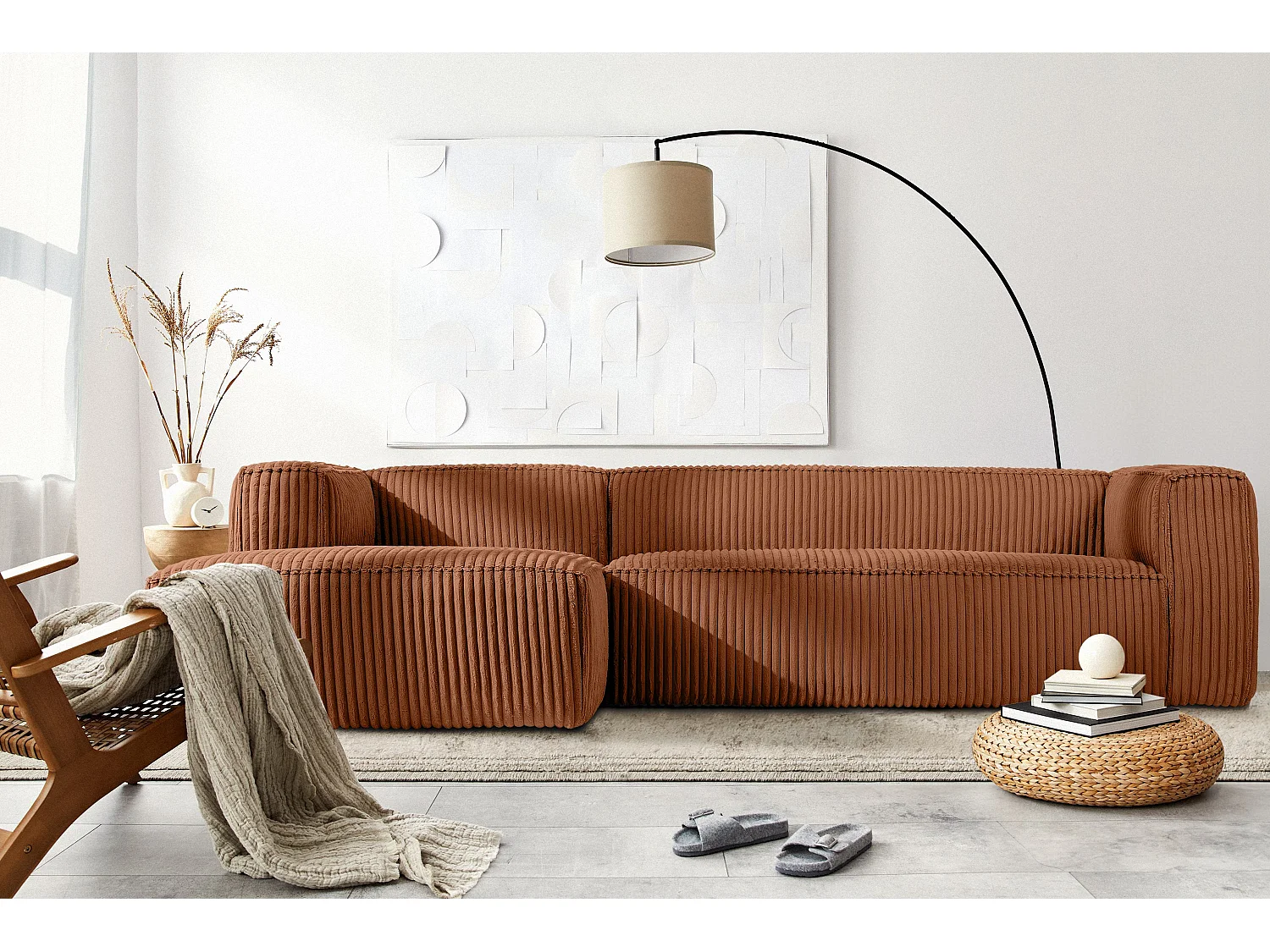 Modernes Ecksofa Links aus breitem Cordstoff - rot - FEROX