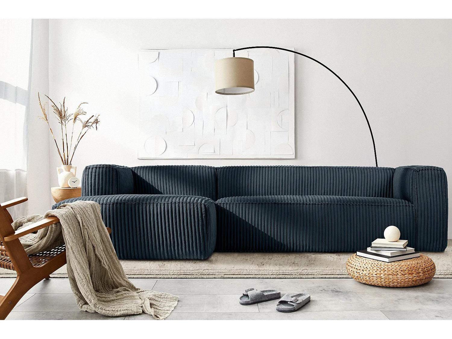 Modernes Ecksofa Links aus breitem Cordstoff - marineblau - FEROX