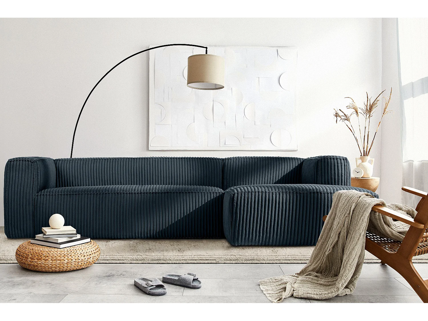 Modernes Ecksofa Rechts aus breitem Cordstoff - marineblau - FEROX
