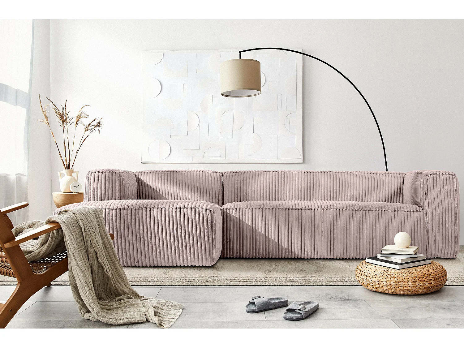 Modernes Ecksofa Links aus breitem Cordstoff - rosa - FEROX