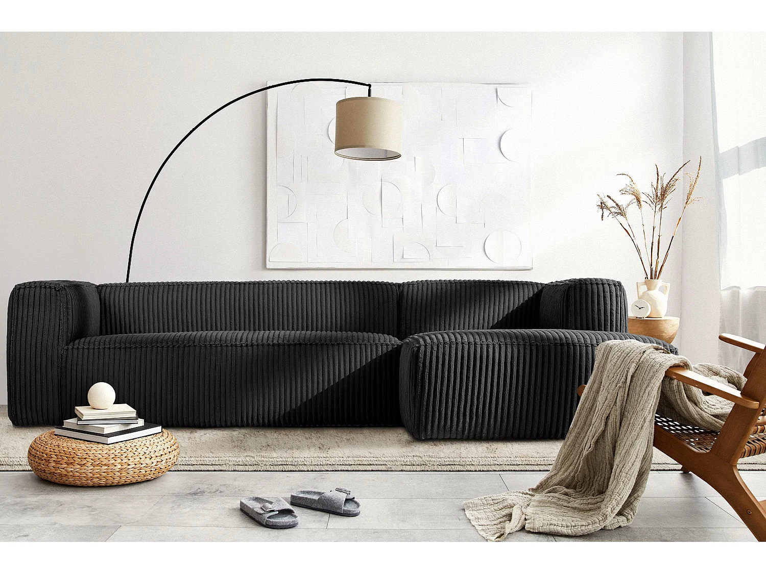 Modernes Ecksofa Rechts aus breitem Cordstoff - schwarz - FEROX