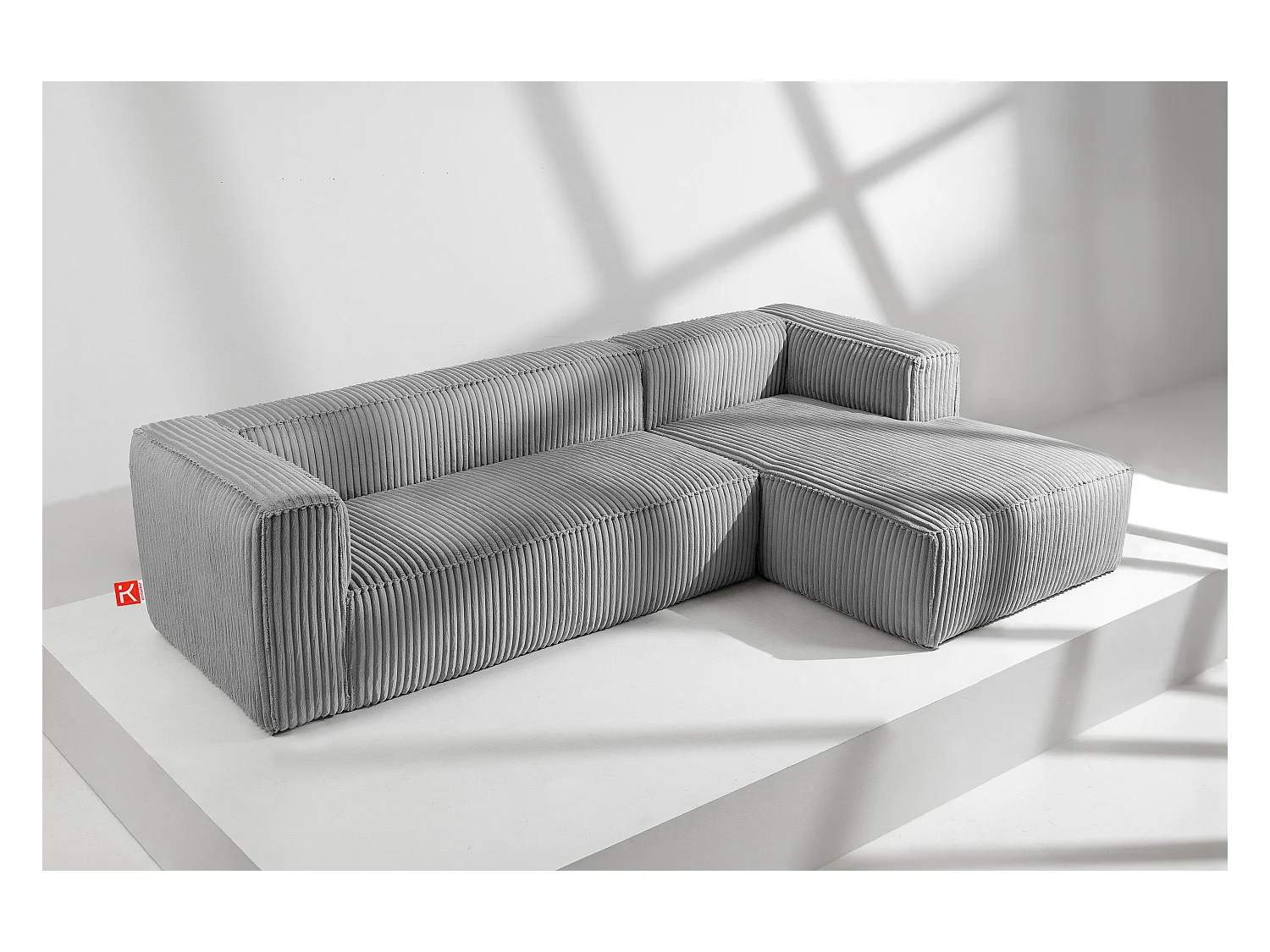 Canapé d'angle droit moderne en tissu velours côtelé large - gris clair - FEROX