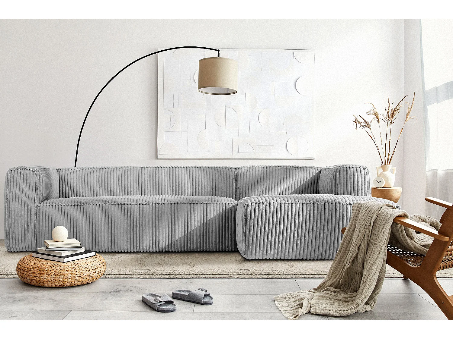 Modernes Ecksofa Rechts aus breitem Cordstoff - hellgrau - FEROX