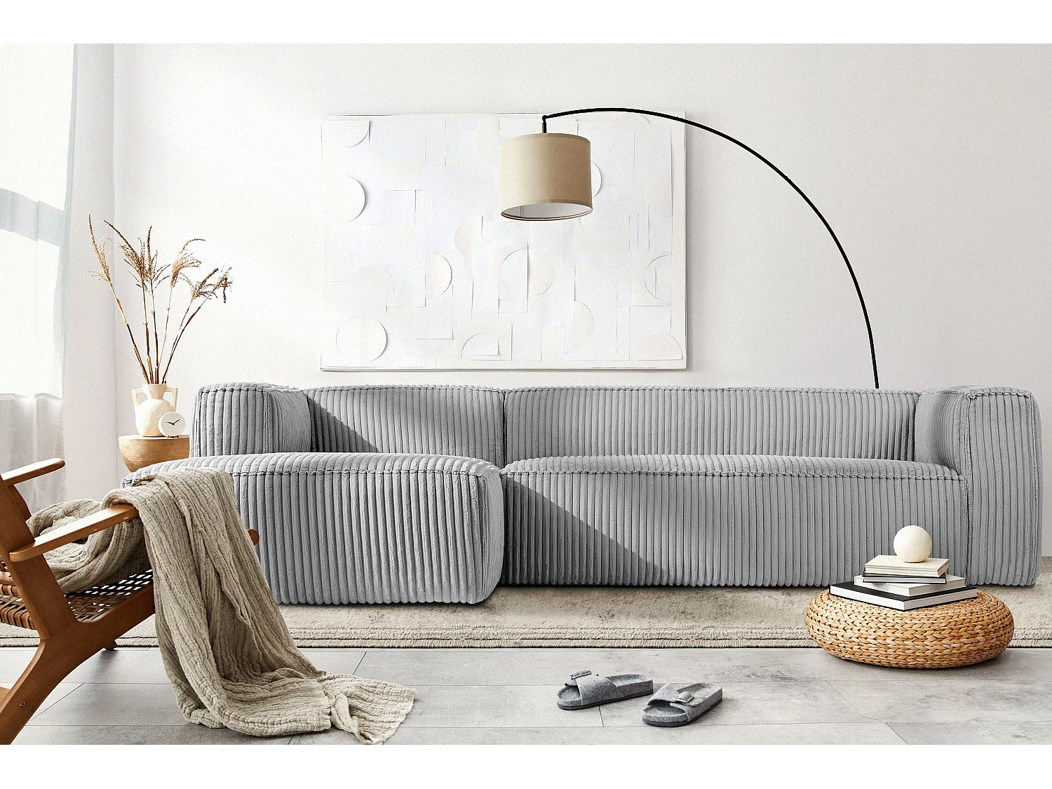 Modernes Ecksofa Links aus breitem Cordstoff - hellgrau - FEROX