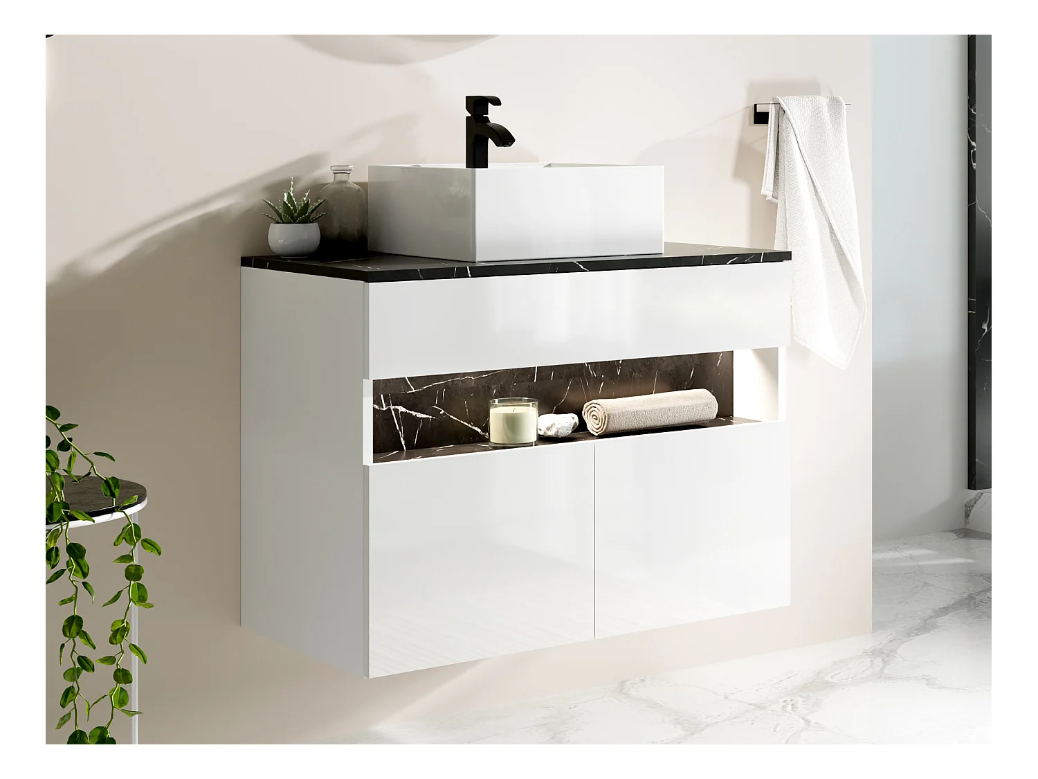 Mueble flotante de baño con luces LED y lavabo sobre encimera - Blanco y negro con efecto mármol - Ancho 80 cm - POZEGA