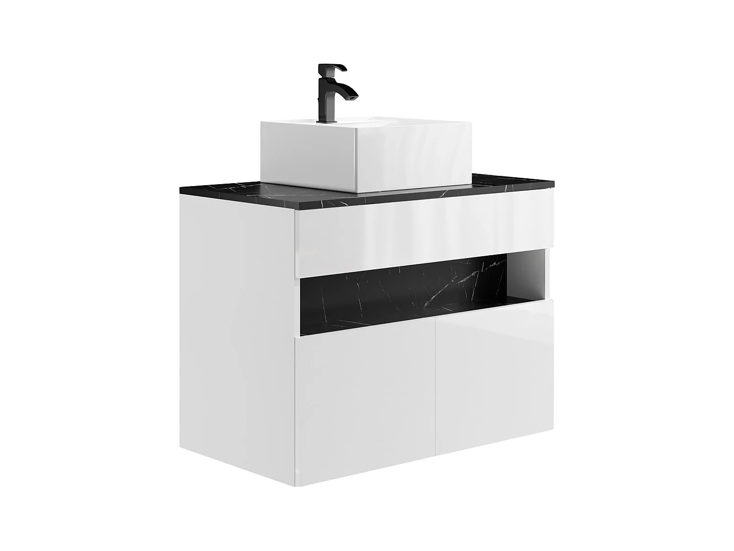 Mueble flotante de baño con luces LED y lavabo sobre encimera - Blanco y negro con efecto mármol - Ancho 80 cm - POZEGA