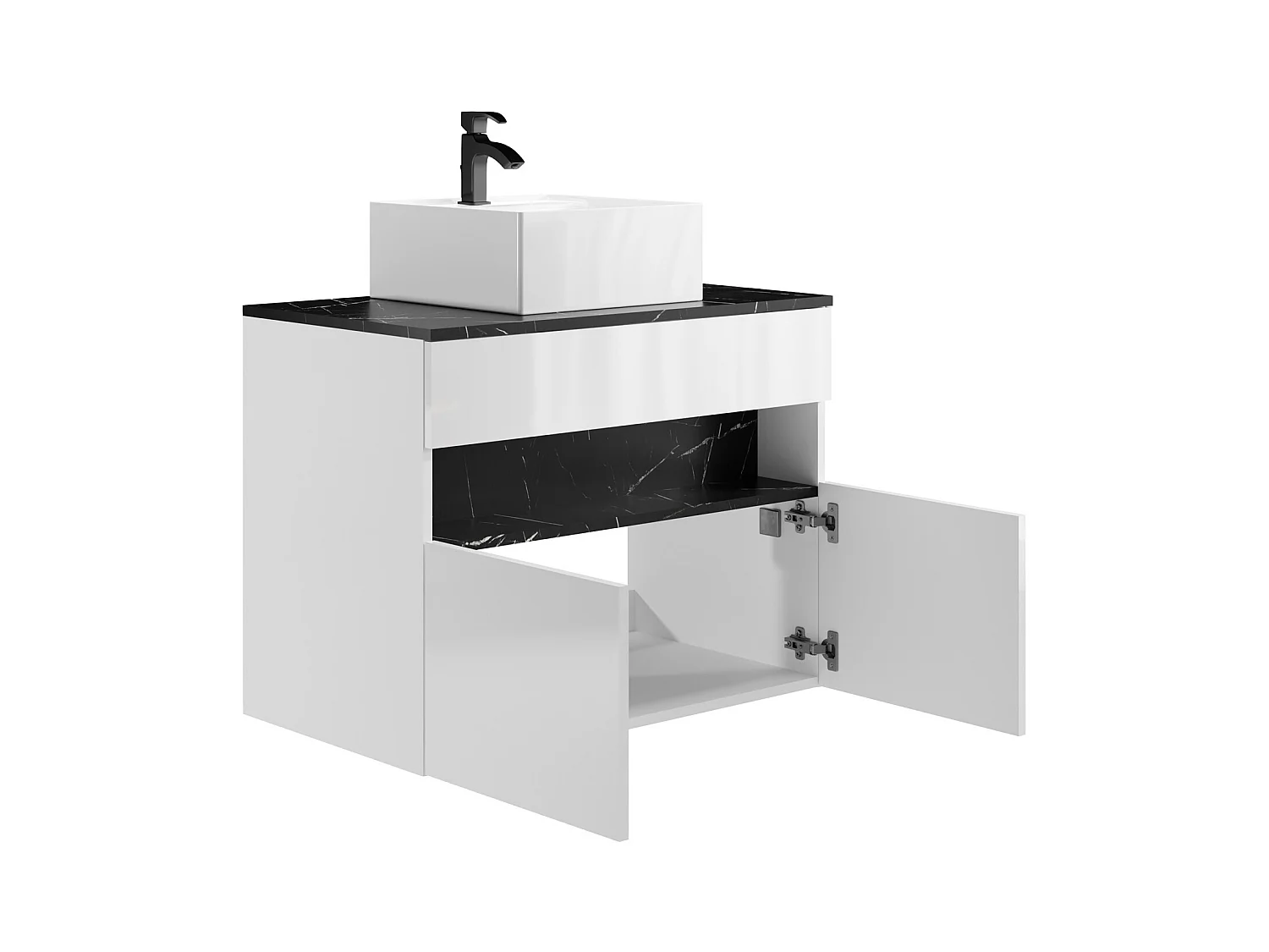 Mueble flotante de baño con luces LED y lavabo sobre encimera - Blanco y negro con efecto mármol - Ancho 80 cm - POZEGA