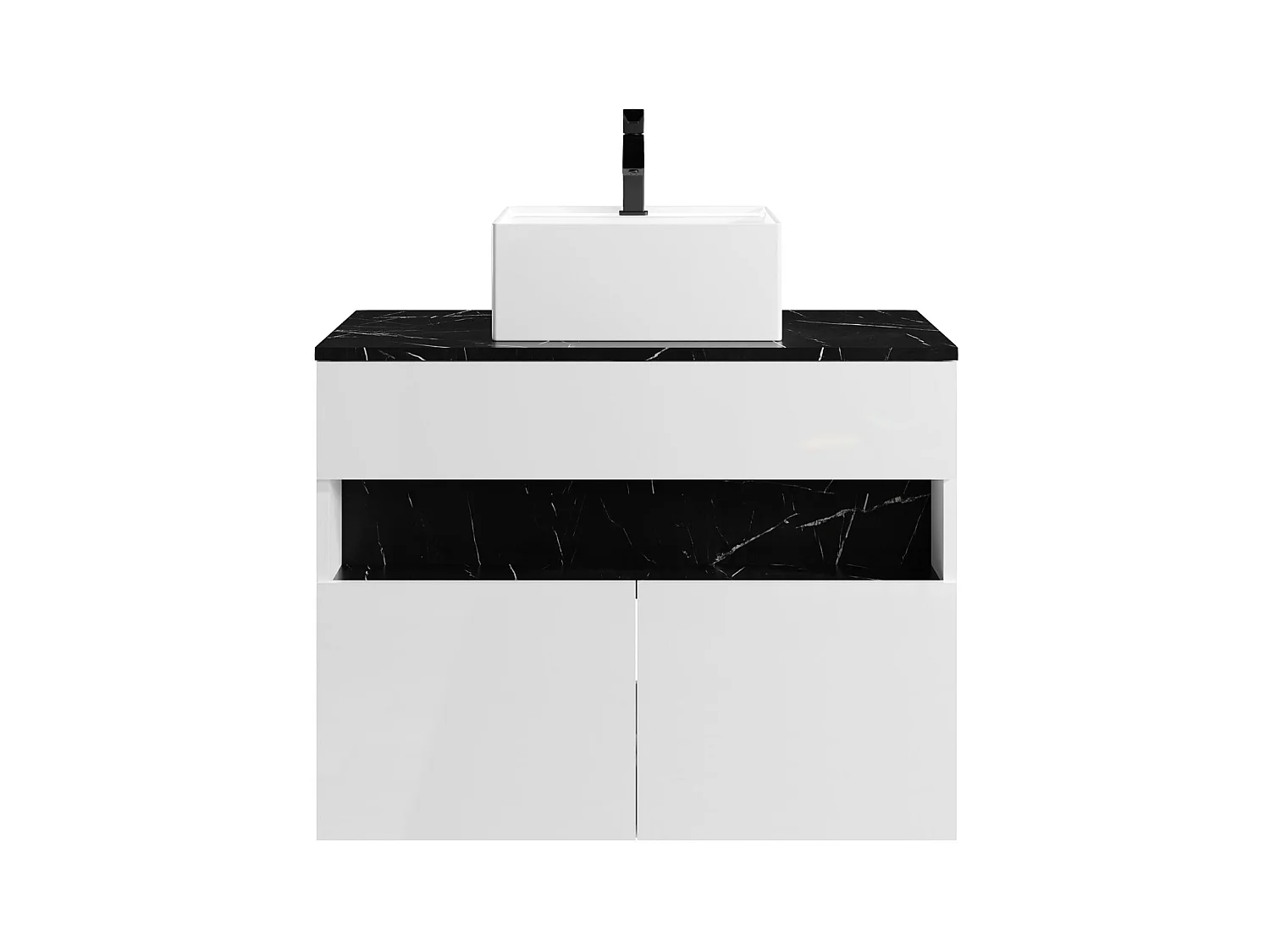 Mueble flotante de baño con luces LED y lavabo sobre encimera - Blanco y negro con efecto mármol - Ancho 80 cm - POZEGA