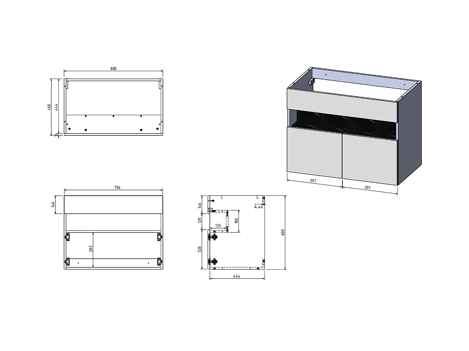 Mueble flotante de baño con luces LED y lavabo sobre encimera - Blanco y negro con efecto mármol - Ancho 80 cm - POZEGA