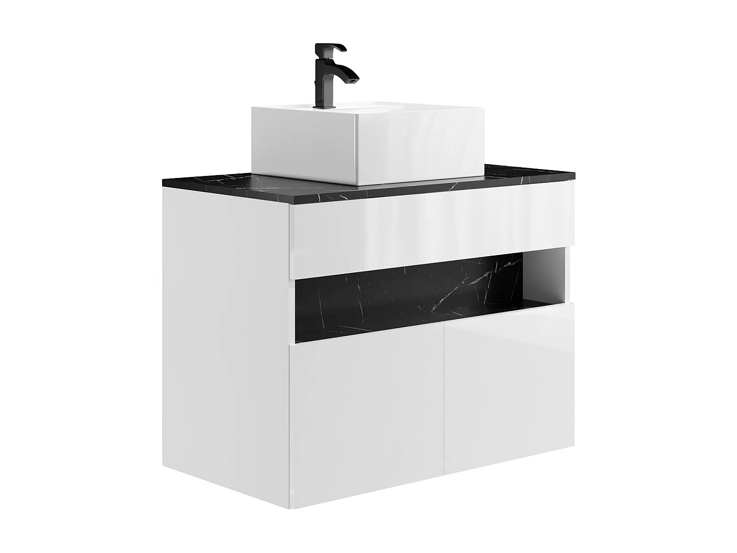 Zwevend badkamermeubel met ledverlichting en opzetwastafel - Wit en zwart met marmerlook - L80 cm - POZEGA