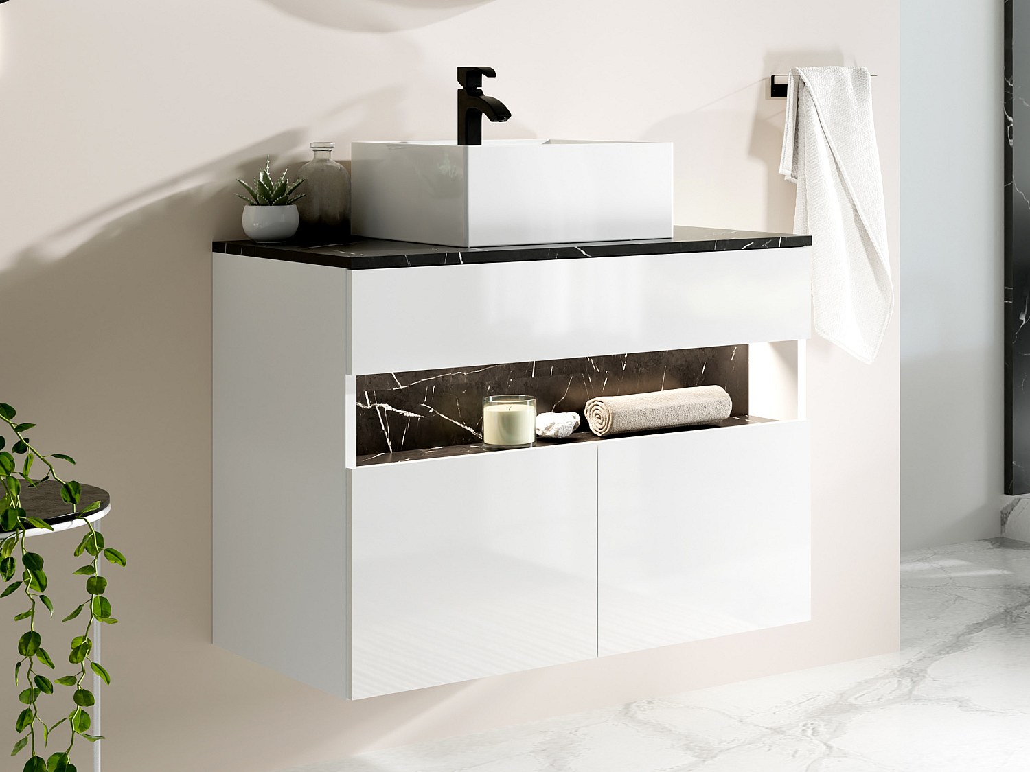 Vente-unique Waschbeckenunterschrank Hängend Mit Aufsatzwaschbecken - Mit Led-Beleuchtung - Weiß & Schwarz - Marmor-Optik - 80 Cm - Pozega