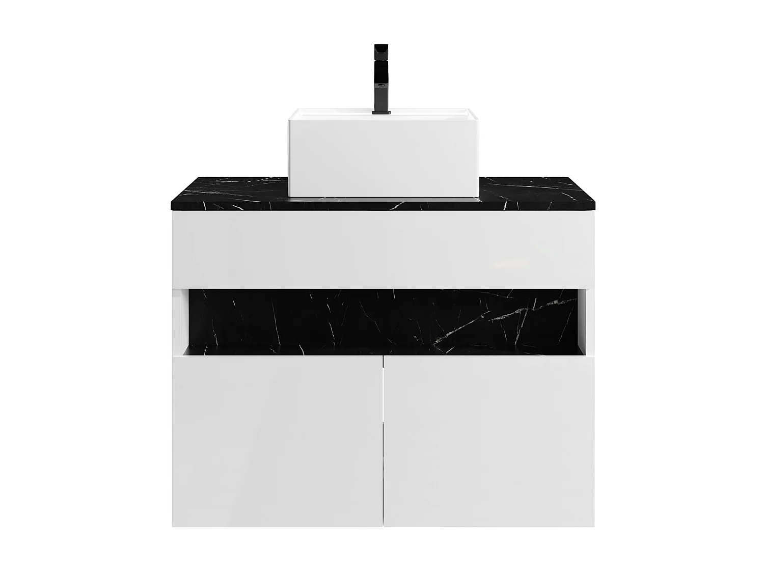 Zwevend badkamermeubel met ledverlichting en opzetwastafel - Wit en zwart met marmerlook - L80 cm - POZEGA