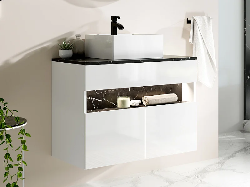 Meuble de salle de bain suspendu à LEDs avec vasque à poser - Blanc et noir effet marbre - L80 cm - POZEGA