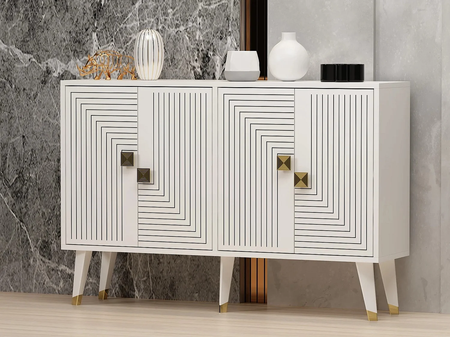 Sideboard – 120 x 30 x 80 cm – Weiß und Gold – Spanplatte