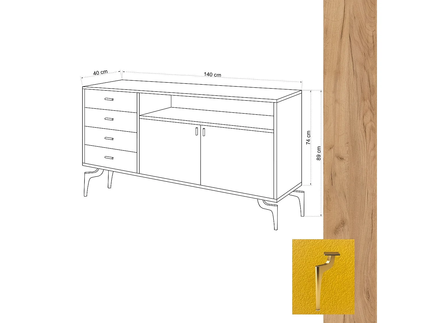 Aparador LİORA color roble Amarillo 140x40x86 cm