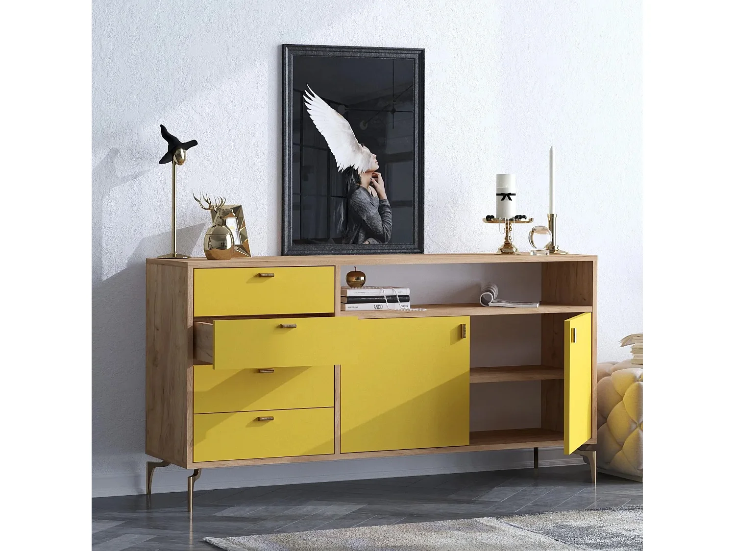 Buffet bas Iora 2 portes et 4 tiroirs Jaune et Chêne clair