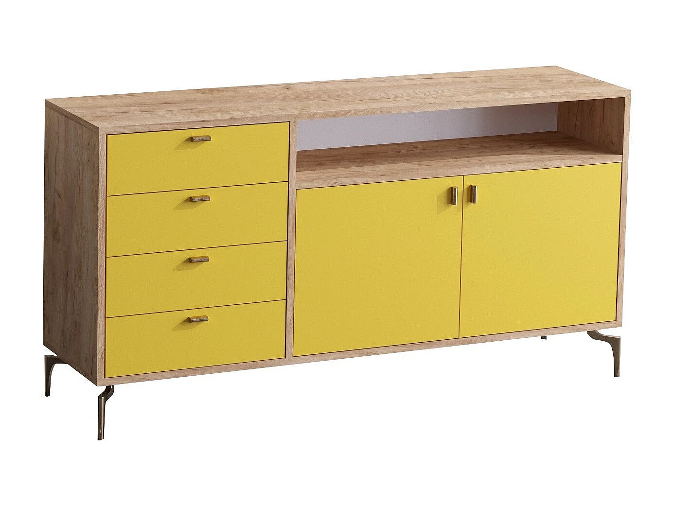 Buffet bas Iora 2 portes et 4 tiroirs Jaune et Chêne clair