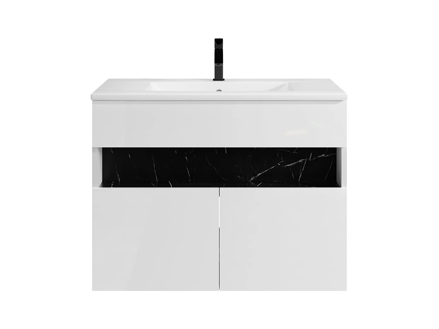 Zwevend badkamermeubel met ledverlichting en inbouwwastafel - Wit en zwart met marmerlook - L80 cm - POZEGA