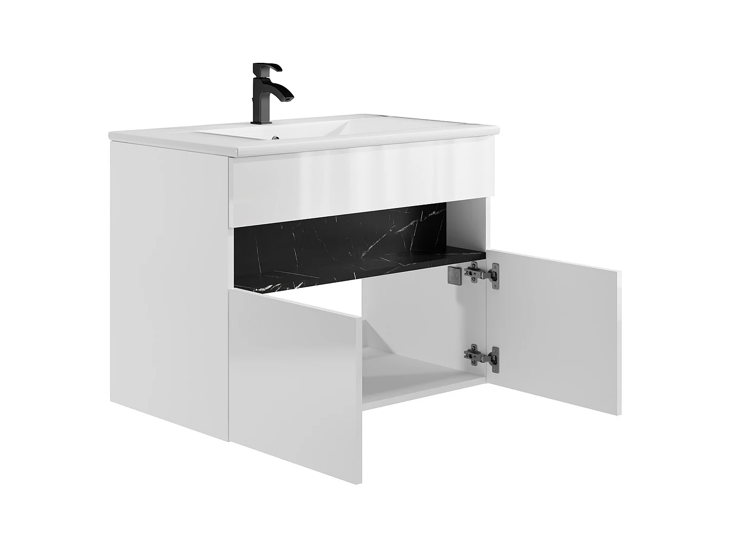 Zwevend badkamermeubel met ledverlichting en inbouwwastafel - Wit en zwart met marmerlook - L80 cm - POZEGA