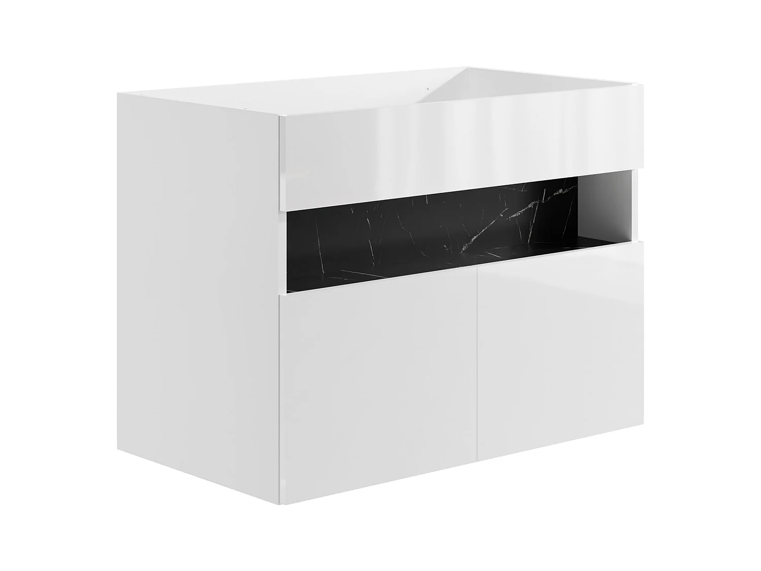 Zwevend badkamermeubel met ledverlichting en inbouwwastafel - Wit en zwart met marmerlook - L80 cm - POZEGA