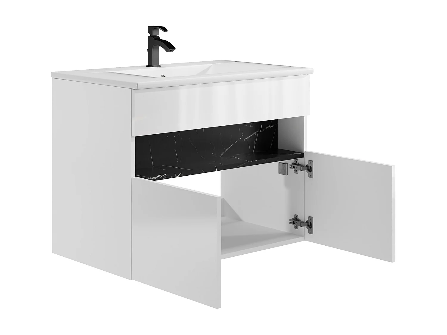 Meuble de salle de bain suspendu à LEDs avec vasque à encastrer - Blanc et noir effet marbre - L80 cm - POZEGA