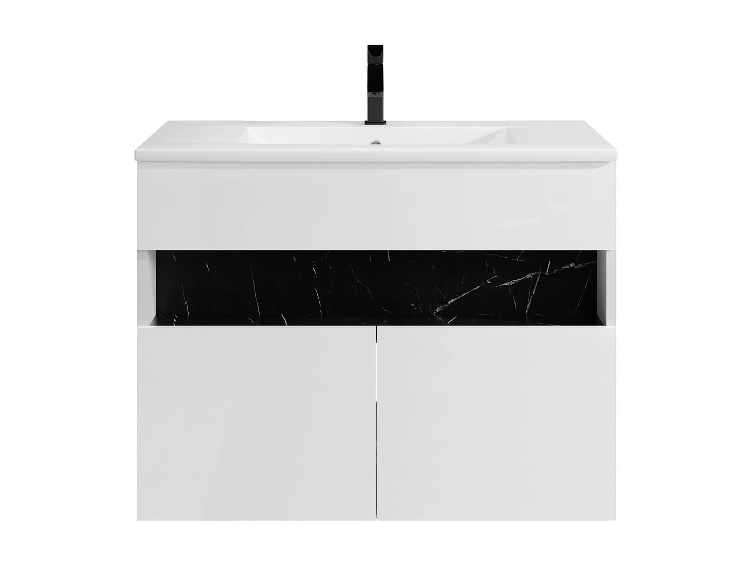 Meuble de salle de bain suspendu à LEDs avec vasque à encastrer - Blanc et noir effet marbre - L80 cm - POZEGA