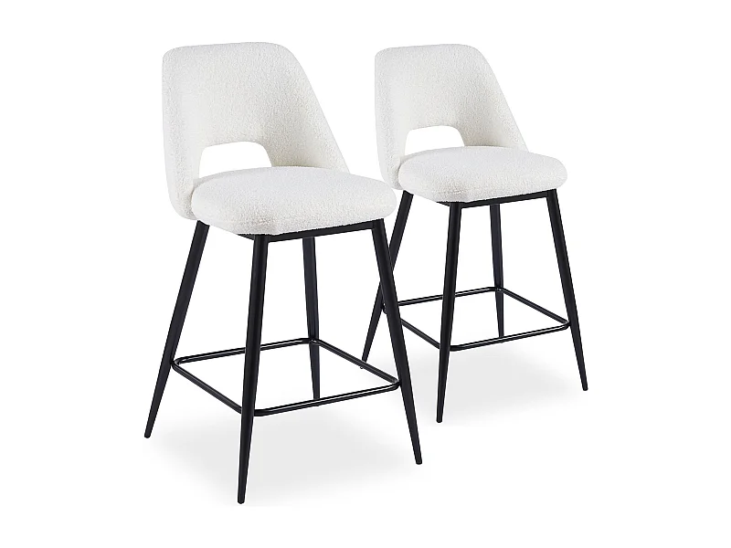 Lot de 2 chaises de bar Ecuador Métal Noir et Tissu bouclette Crème