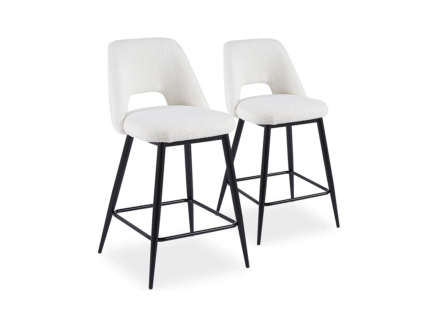 Lot de 2 chaises de bar Ecuador Métal Noir et Tissu bouclette Crème
