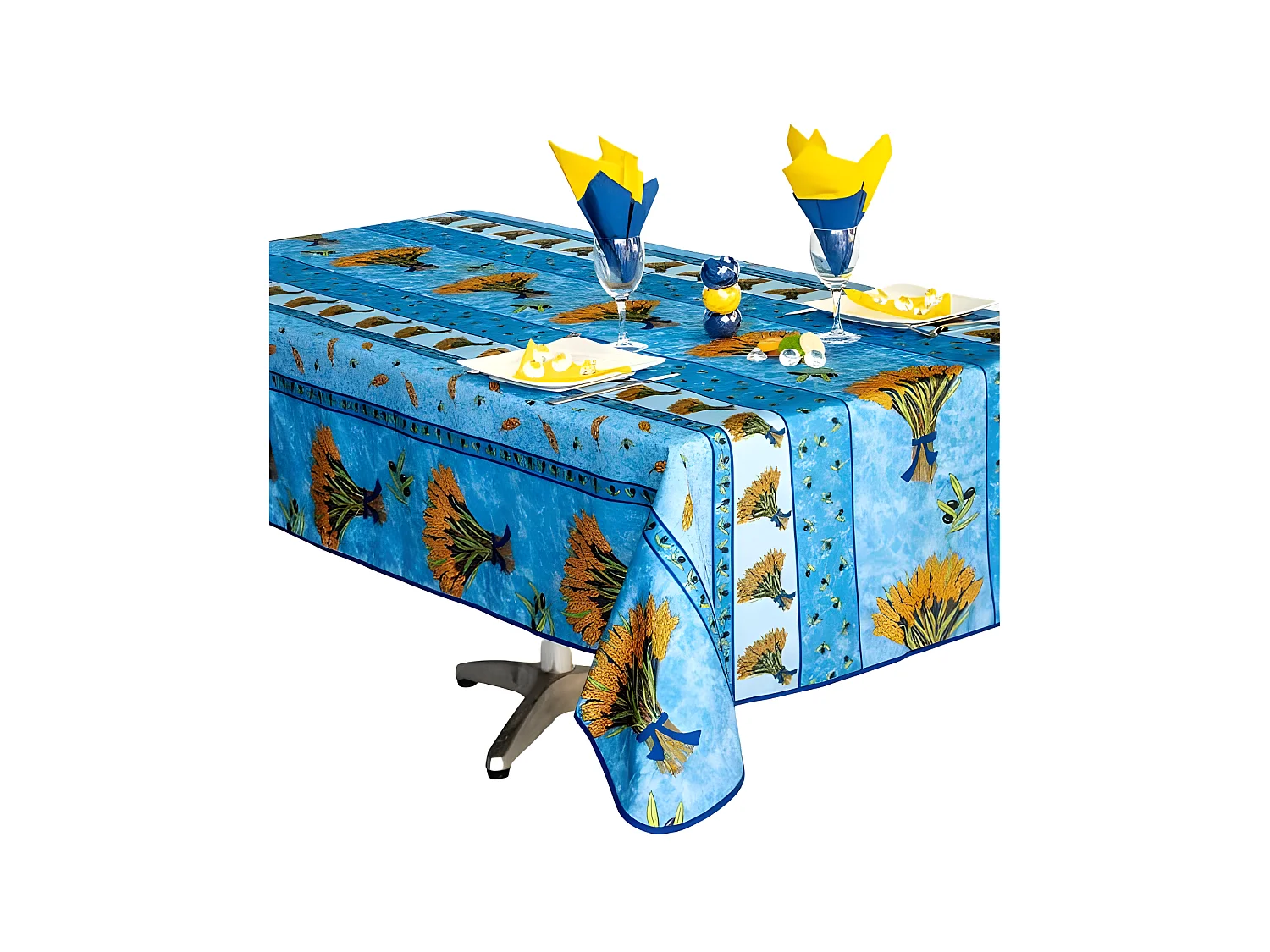 Nappe Provençale Rectangle Anti-Tâches, Bouquet de Blé Bleu