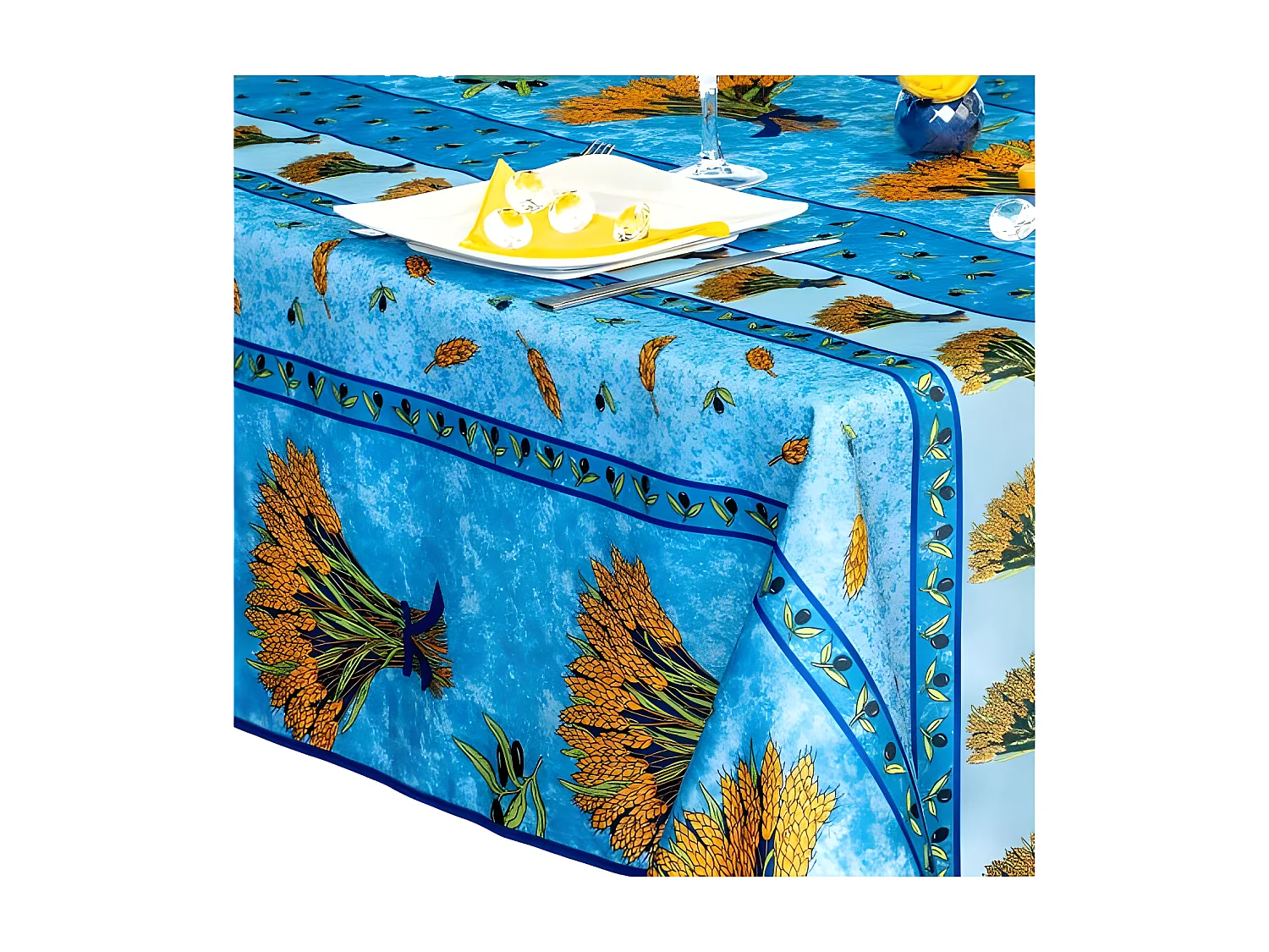 Nappe Provençale Rectangle Anti-Tâches, Bouquet de Blé Bleu