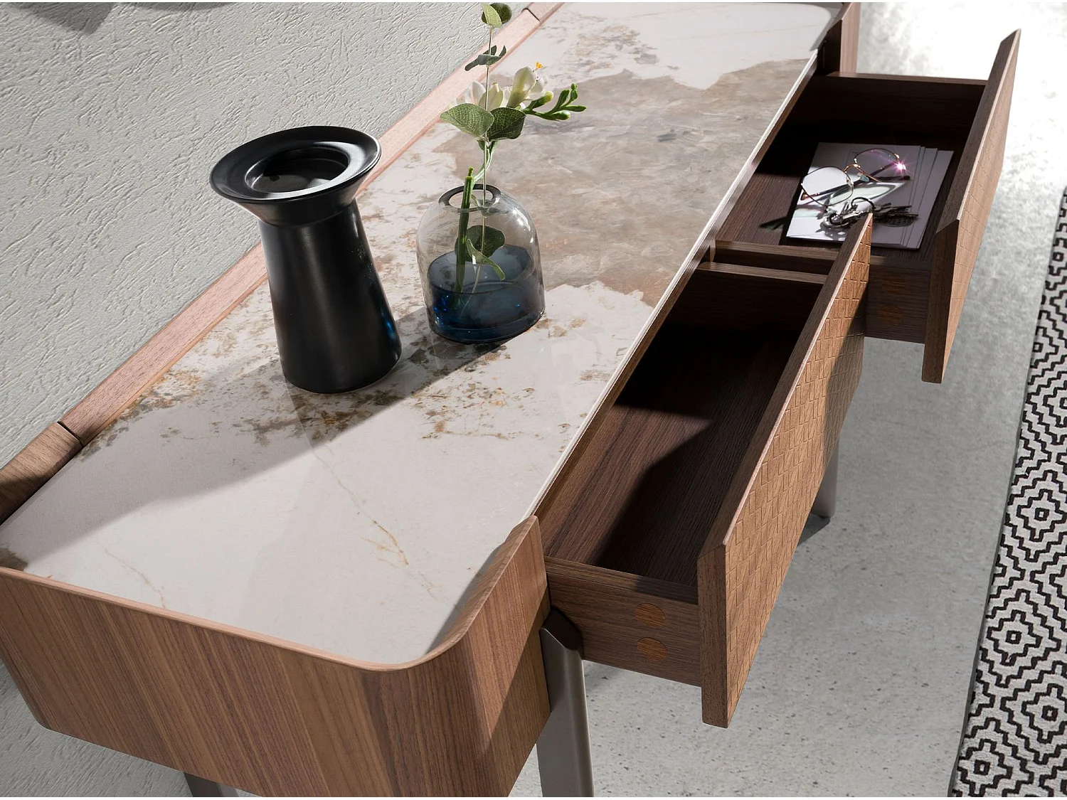 Table console rectangulaire en marbre porcelaine, noyer et acier métallique foncé 3254 ANGEL CERDA