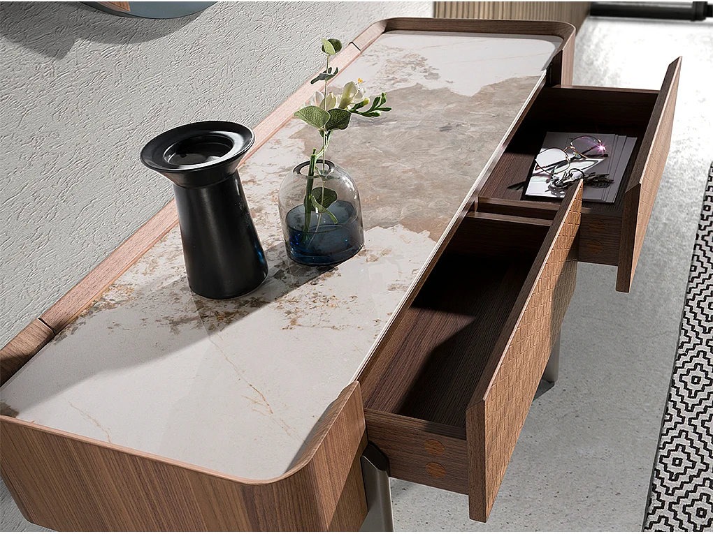 Table console rectangulaire en marbre porcelaine, noyer et acier métallique foncé 3254 ANGEL CERDA